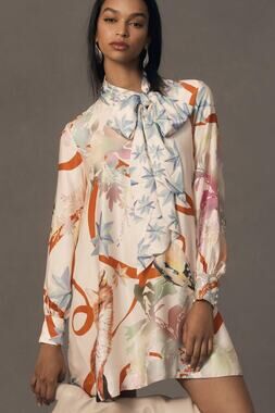nwt ANTHROPOLOGIE MAEVE sz S The Caroline Tie-Neck Dress foxes & birds motif